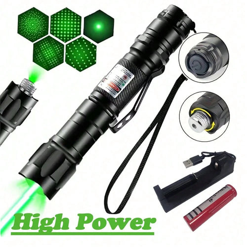 10000mW USB Rechargeable Green Laser Pointer, High Power Handheld Laser Pen With Starry Cap And Adjustable Focus, For Pets, Camping Outdoor