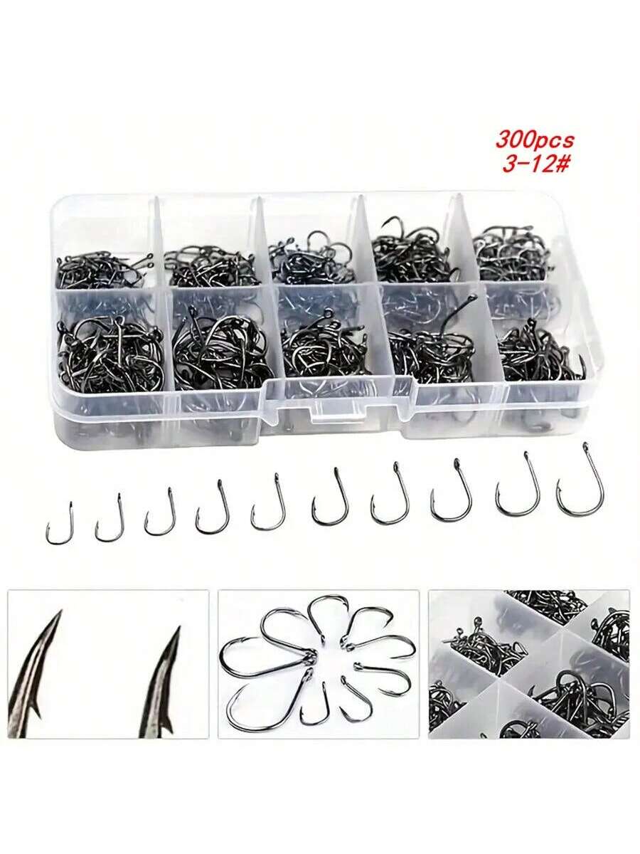 100pcs/300pcs/500pcs Iseama Barb Fishing Hooks With Hole Mixed Size 3#-12# Black Lure Hooks In Box