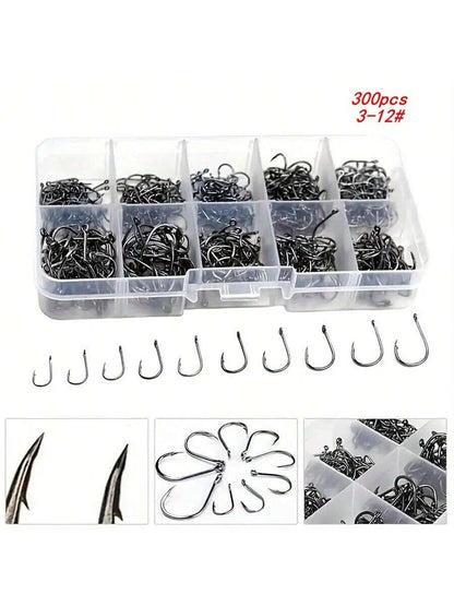 100pcs/300pcs/500pcs Iseama Barb Fishing Hooks With Hole Mixed Size 3#-12# Black Lure Hooks In Box