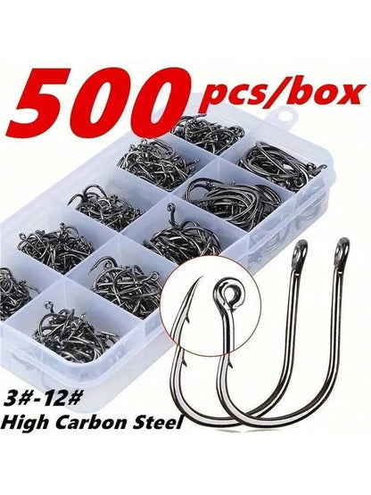 100pcs/300pcs/500pcs Iseama Barb Fishing Hooks With Hole Mixed Size 3#-12# Black Lure Hooks In Box