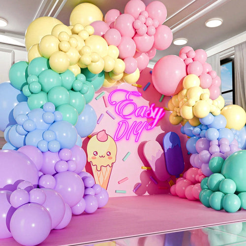100pcs Soft Balloons, Assorted Colors And Sizes- Rainbow Birthday Party Decorations- Macaron Balloons In Blue, Purple, Yellow, Green And Pink- Matte Colored Supplies Suitable For Boys Girls Kids Bi