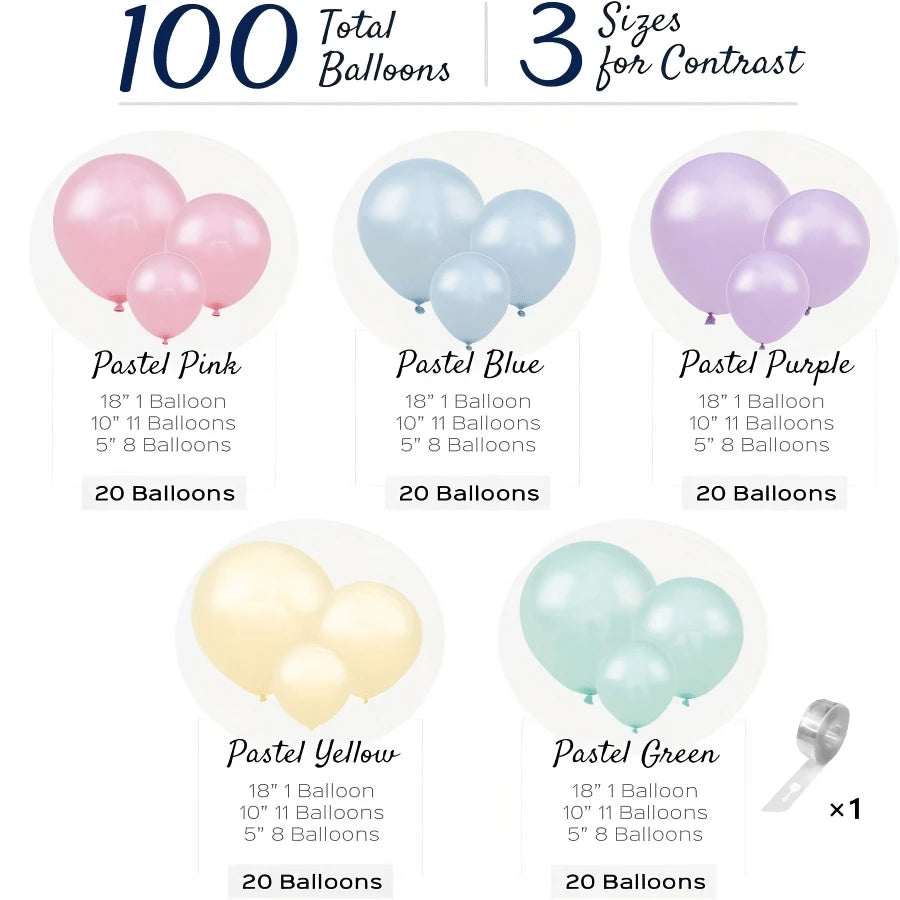 100pcs Soft Balloons, Assorted Colors And Sizes- Rainbow Birthday Party Decorations- Macaron Balloons In Blue, Purple, Yellow, Green And Pink- Matte Colored Supplies Suitable For Boys Girls Kids Bi