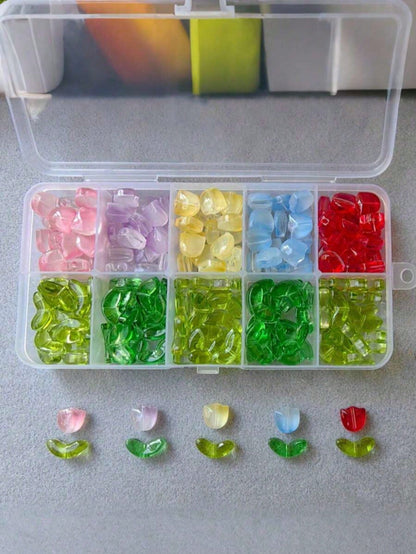 100pcs Tulip Flower And Leaf Glass Beads, Jewelry Making Spacer Beads Set, Suitable For DIY Bracelets, Necklaces, Earrings, Bags, Phone Charms, Car Charms, Etc.