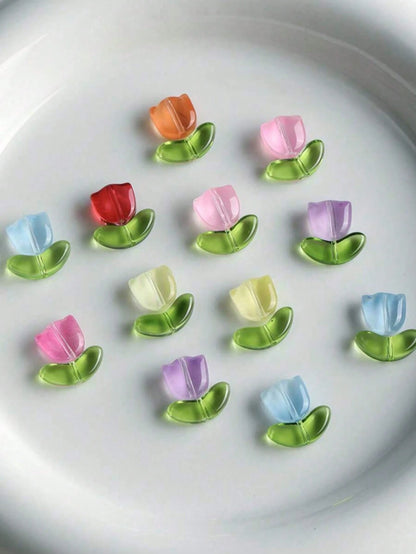 100pcs Tulip Flower And Leaf Glass Beads, Jewelry Making Spacer Beads Set, Suitable For DIY Bracelets, Necklaces, Earrings, Bags, Phone Charms, Car Charms, Etc.