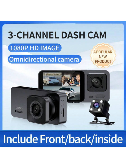 1080P Dash Cam For Cars, Front And Inside And Rear, Car Camera With IR Night Vision, Loop Recording, Wide Angle Car DVR Camera With 2.0 Inch IPS Screen, Three Lens Car Dashboard Video Cam