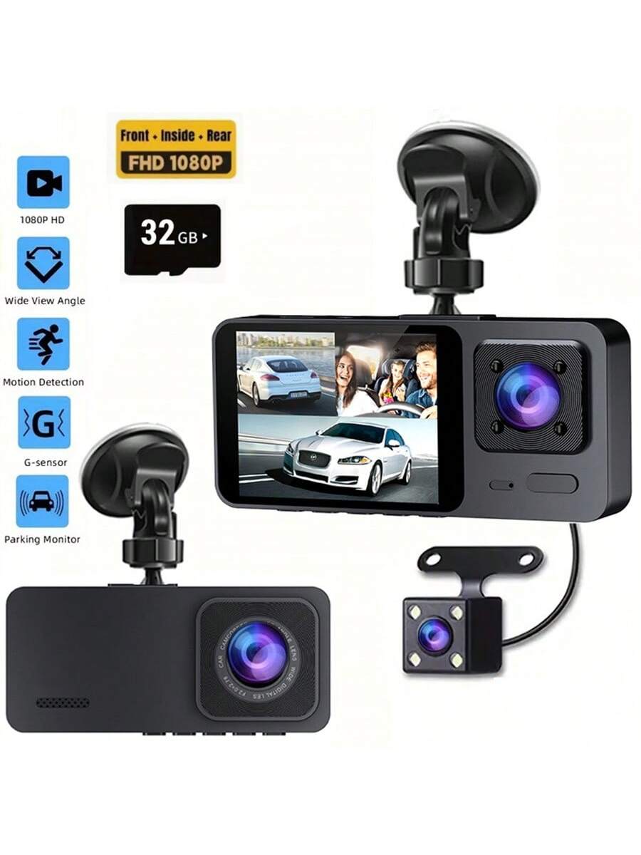 1080P Dash Cam For Cars, Front And Inside And Rear, Car Camera With IR Night Vision, Loop Recording, Wide Angle Car DVR Camera With 2.0 Inch IPS Screen, Three Lens Car Dashboard Video Cam