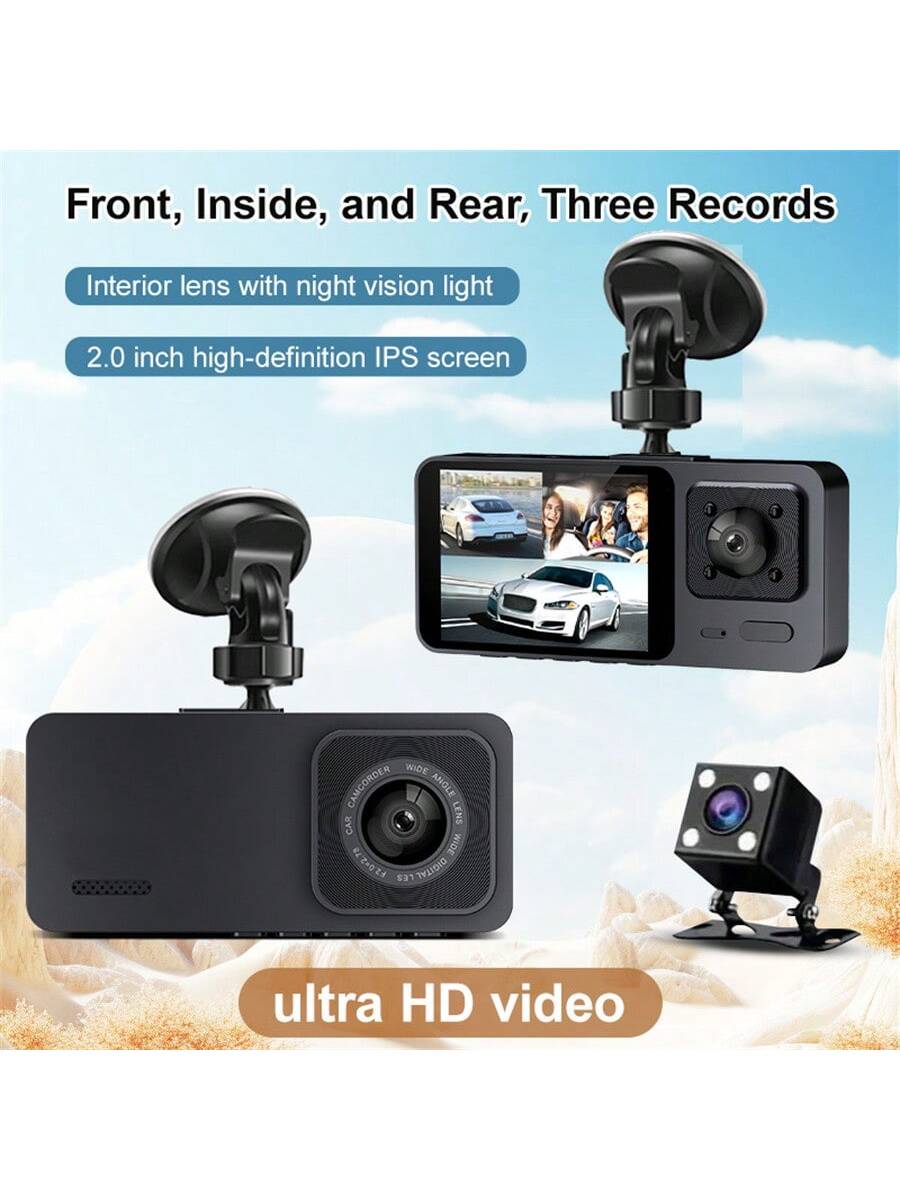 1080P Dash Cam For Cars, Front And Inside And Rear, Car Camera With IR Night Vision, Loop Recording, Wide Angle Car DVR Camera With 2.0 Inch IPS Screen, Three Lens Car Dashboard Video Cam