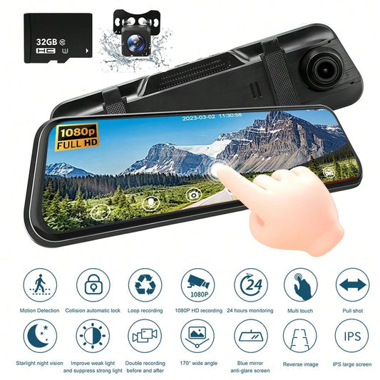 1080P Full HD Front And Rear Dash Cam, Dash Cam For Car, 9.6 Inches IPS Display Supports Loop Recording, Touchscreen Design, Dual Driving Recorder With 32GB SD Card, Features A Touchscreen Design, Wa