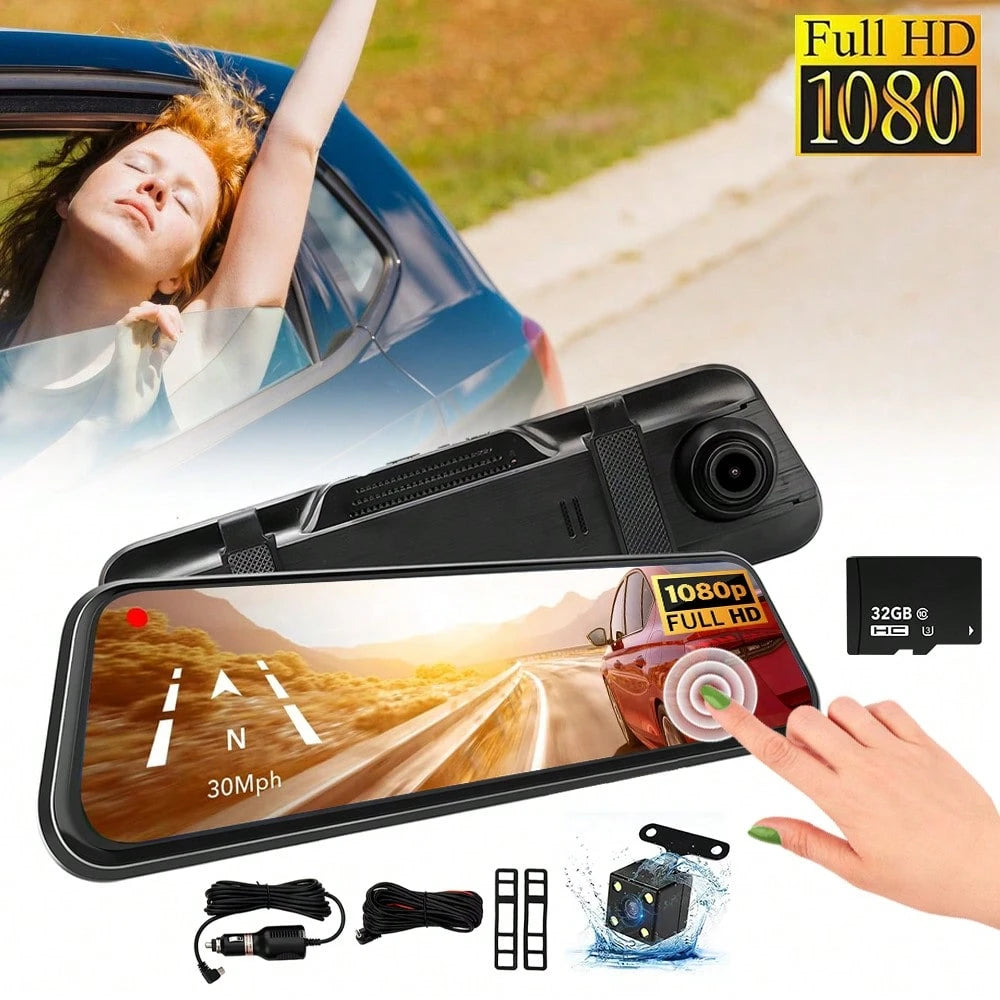 1080P Full HD Front And Rear Dash Cam, Dash Cam For Car, 9.6 Inches IPS Display Supports Loop Recording, Touchscreen Design, Dual Driving Recorder With 32GB SD Card, Features A Touchscreen Design, Wa