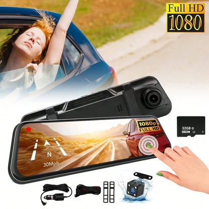 1080P Full HD Front And Rear Dash Cam, Dash Cam For Car, 9.6 Inches IPS Display Supports Loop Recording, Touchscreen Design, Dual Driving Recorder With 32GB SD Card, Features A Touchscreen Design, Wa