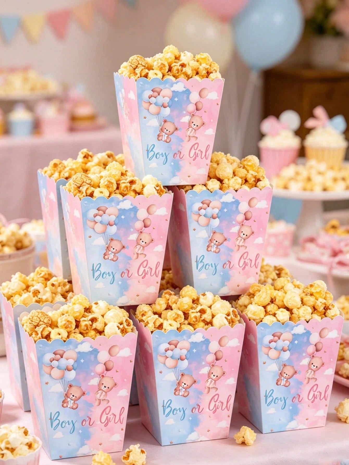 10pcs Blue & Pink Bear Gender Reveal Theme Party Disposable Popcorn Containers, Cute Blue & Pink Bear Pattern
