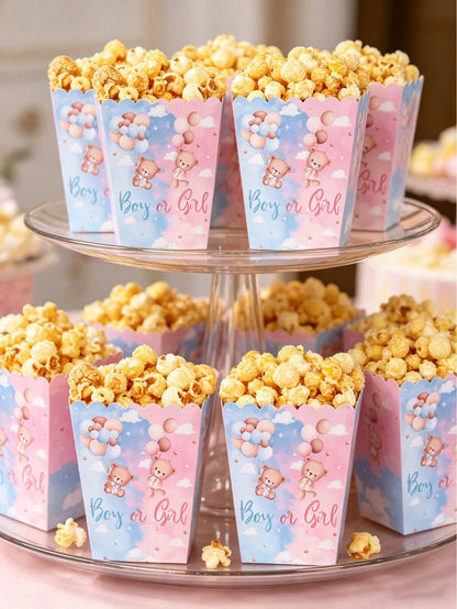10pcs Blue & Pink Bear Gender Reveal Theme Party Disposable Popcorn Containers, Cute Blue & Pink Bear Pattern