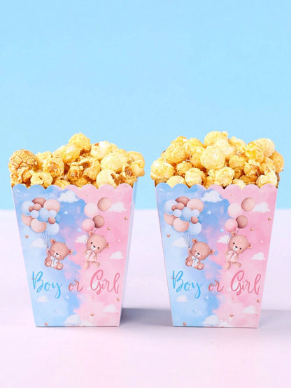 10pcs Blue & Pink Bear Gender Reveal Theme Party Disposable Popcorn Containers, Cute Blue & Pink Bear Pattern