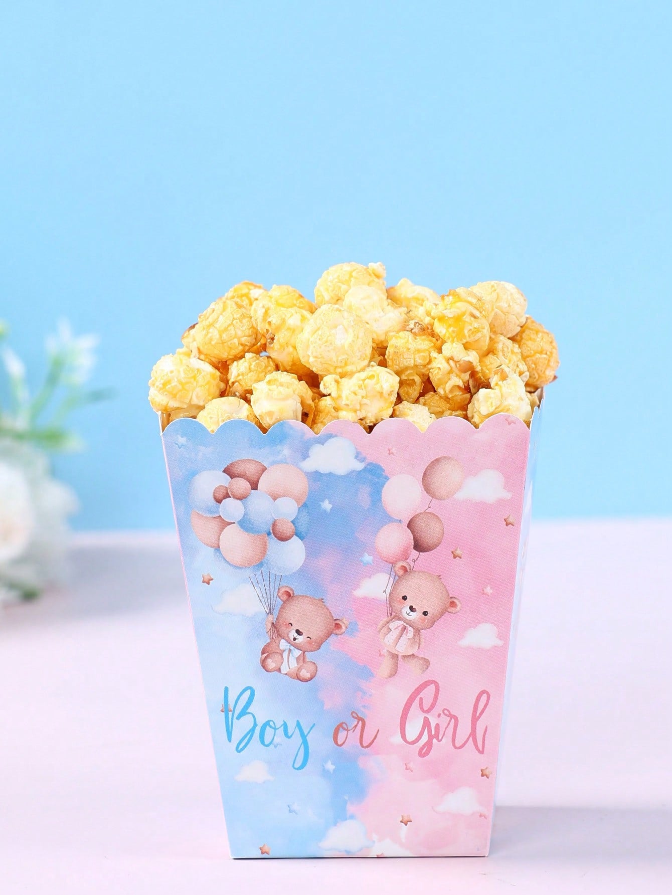 10pcs Blue & Pink Bear Gender Reveal Theme Party Disposable Popcorn Containers, Cute Blue & Pink Bear Pattern