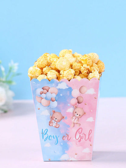 10pcs Blue & Pink Bear Gender Reveal Theme Party Disposable Popcorn Containers, Cute Blue & Pink Bear Pattern