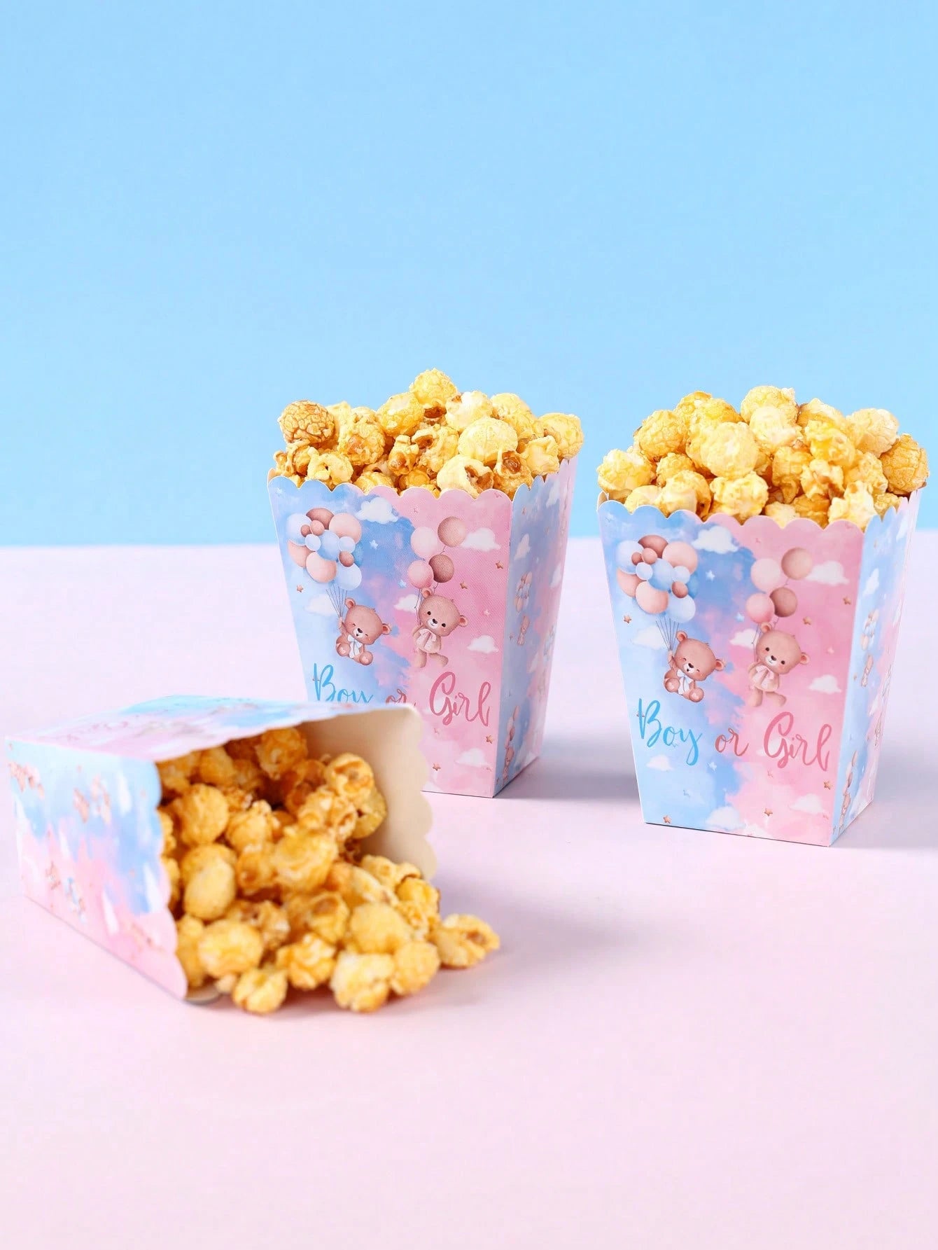 10pcs Blue & Pink Bear Gender Reveal Theme Party Disposable Popcorn Containers, Cute Blue & Pink Bear Pattern