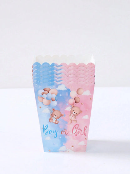 10pcs Blue & Pink Bear Gender Reveal Theme Party Disposable Popcorn Containers, Cute Blue & Pink Bear Pattern