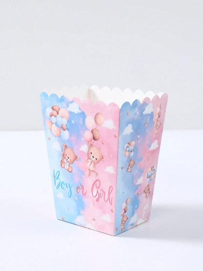 10pcs Blue & Pink Bear Gender Reveal Theme Party Disposable Popcorn Containers, Cute Blue & Pink Bear Pattern