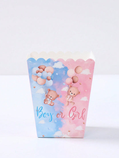 10pcs Blue & Pink Bear Gender Reveal Theme Party Disposable Popcorn Containers, Cute Blue & Pink Bear Pattern
