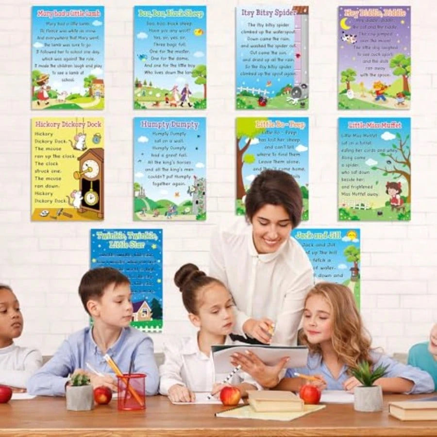 10Pcs Nursery Rhyme Posters 15.7 X 11Inch Educational Posters Elementary Classroom Decorations Learning Materials Back To School Supplies Bulletin Board Music Teacher Must Haves For Preschool Wall Art