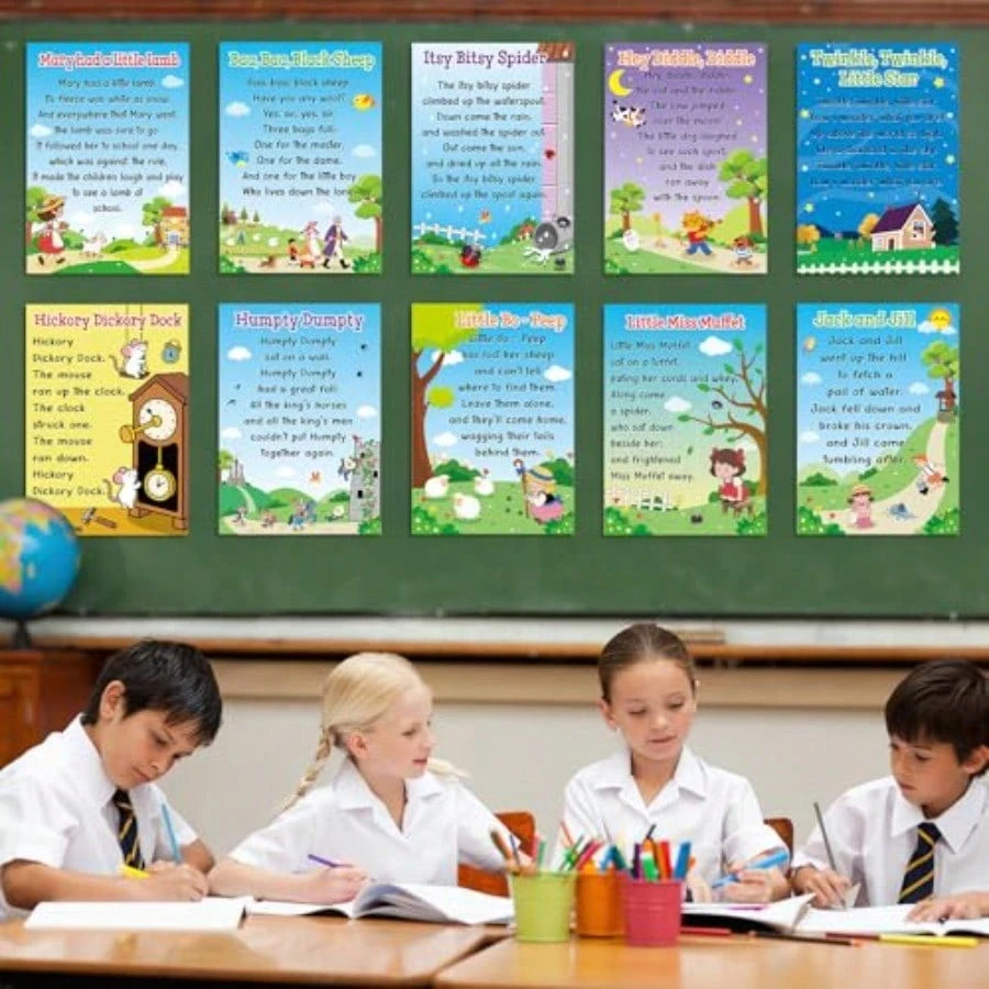 10Pcs Nursery Rhyme Posters 15.7 X 11Inch Educational Posters Elementary Classroom Decorations Learning Materials Back To School Supplies Bulletin Board Music Teacher Must Haves For Preschool Wall Art