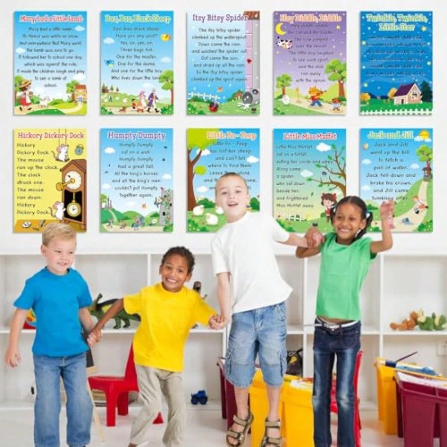 10Pcs Nursery Rhyme Posters 15.7 X 11Inch Educational Posters Elementary Classroom Decorations Learning Materials Back To School Supplies Bulletin Board Music Teacher Must Haves For Preschool Wall Art