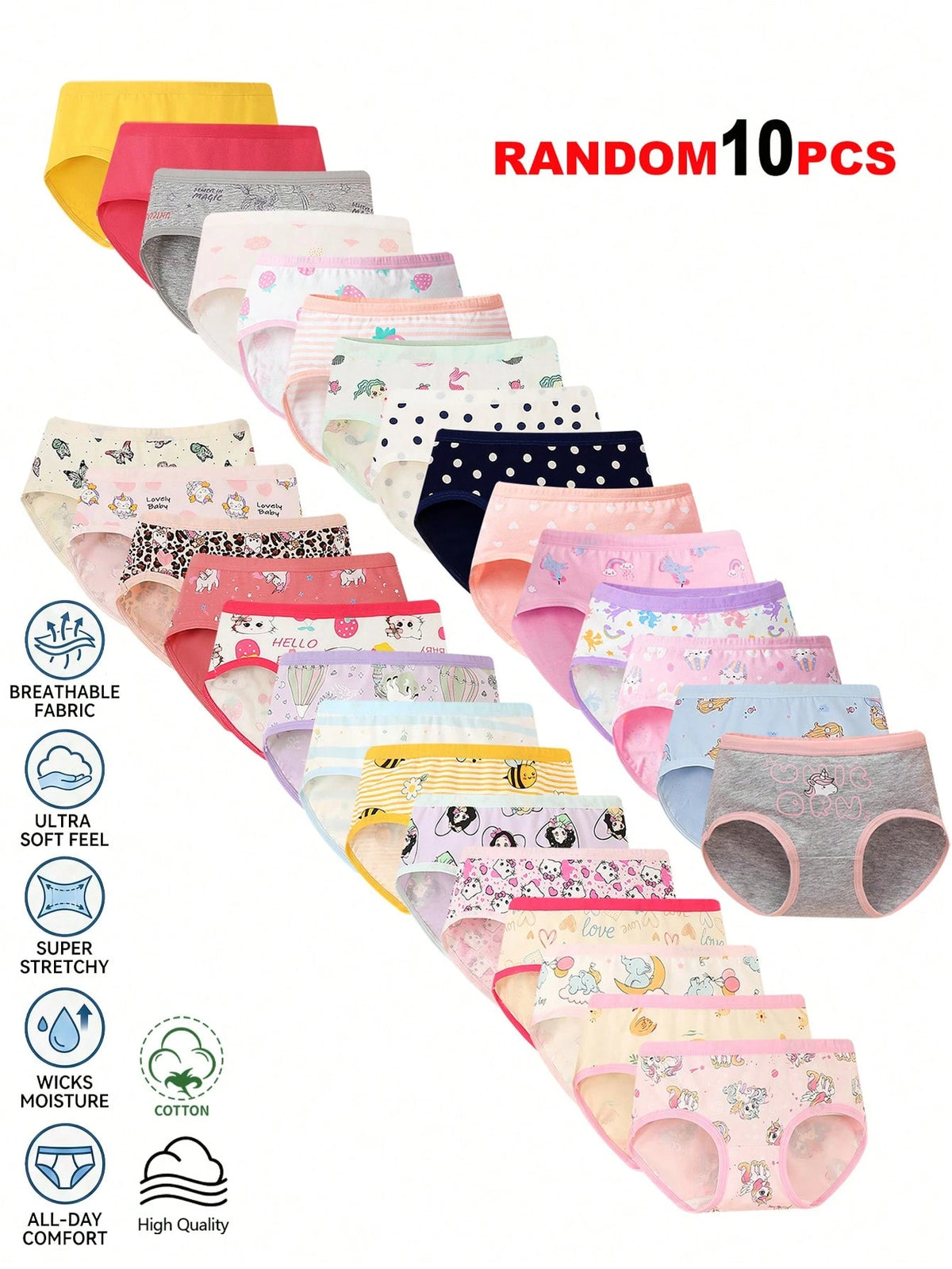 10pcs Random Assorted Girls' Triangle Panties, Simple Fashion All-Over Print Cartoon Animal Heart Pony Strawberry Pattern, Toddler Girls Underwear