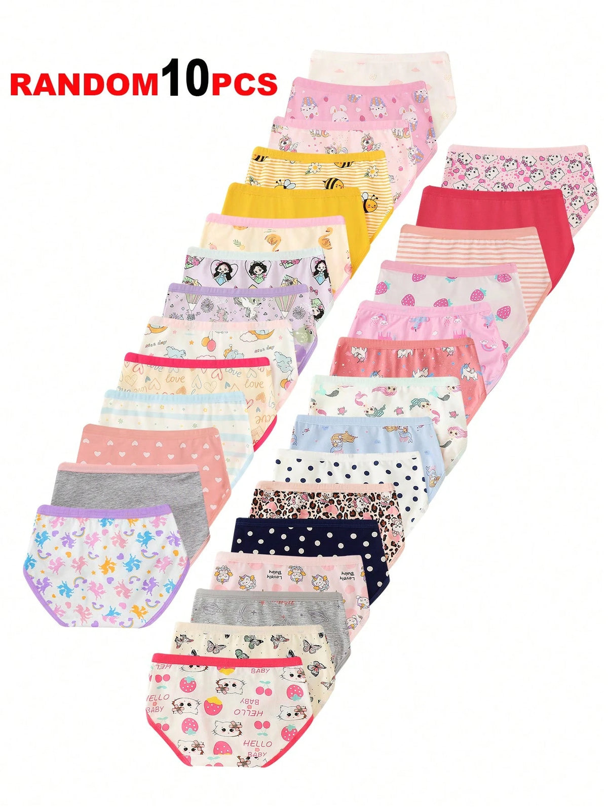 10pcs Random Assorted Girls' Triangle Panties, Simple Fashion All-Over Print Cartoon Animal Heart Pony Strawberry Pattern, Toddler Girls Underwear
