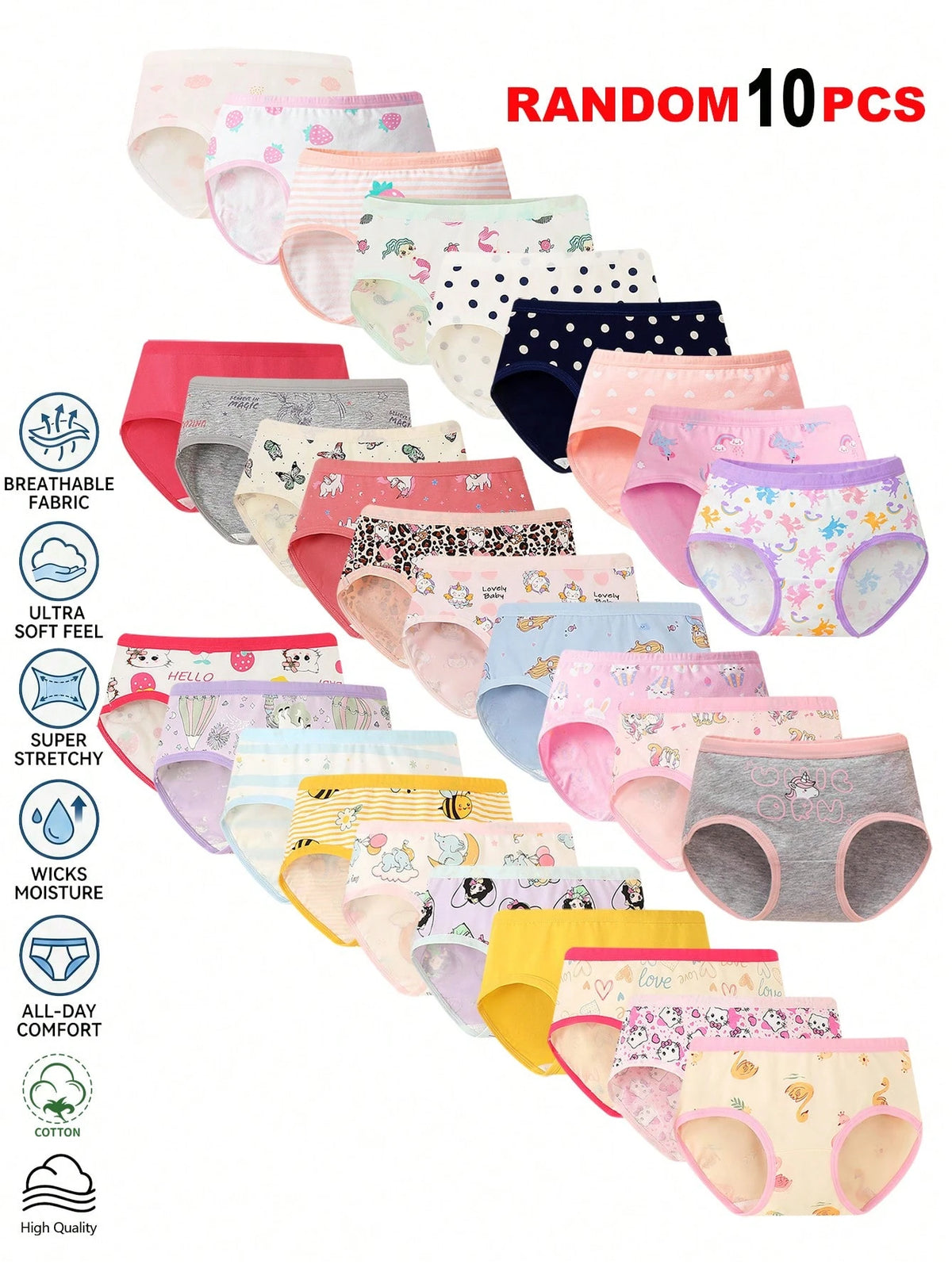 10pcs Random Assorted Girls' Triangle Panties, Simple Fashion All-Over Print Cartoon Animal Heart Pony Strawberry Pattern, Toddler Girls Underwear