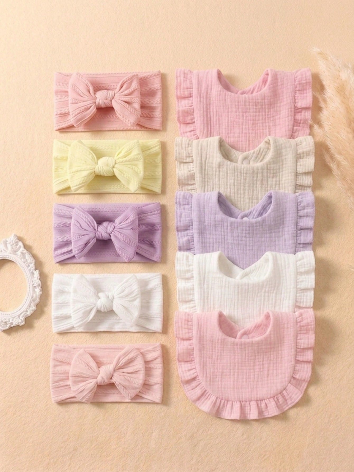 10pcs/Set Candy Color Baby Headbands & Bibs Combo, Braided Texture Big Bow Headwraps, Ruched Macaroon Color Drool Bibs, Suitable For Daily Use All Seasons
