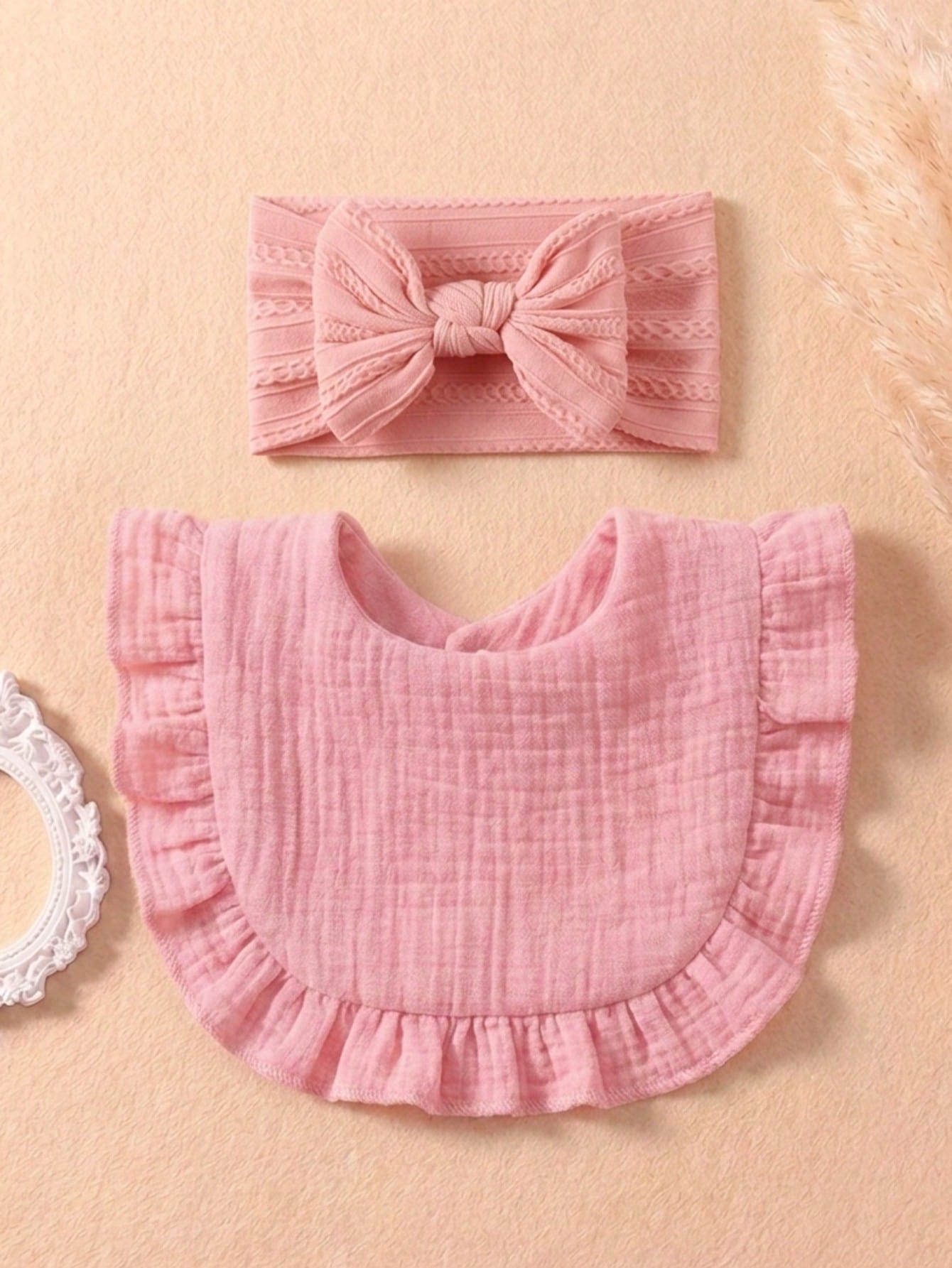 10pcs/Set Candy Color Baby Headbands & Bibs Combo, Braided Texture Big Bow Headwraps, Ruched Macaroon Color Drool Bibs, Suitable For Daily Use All Seasons