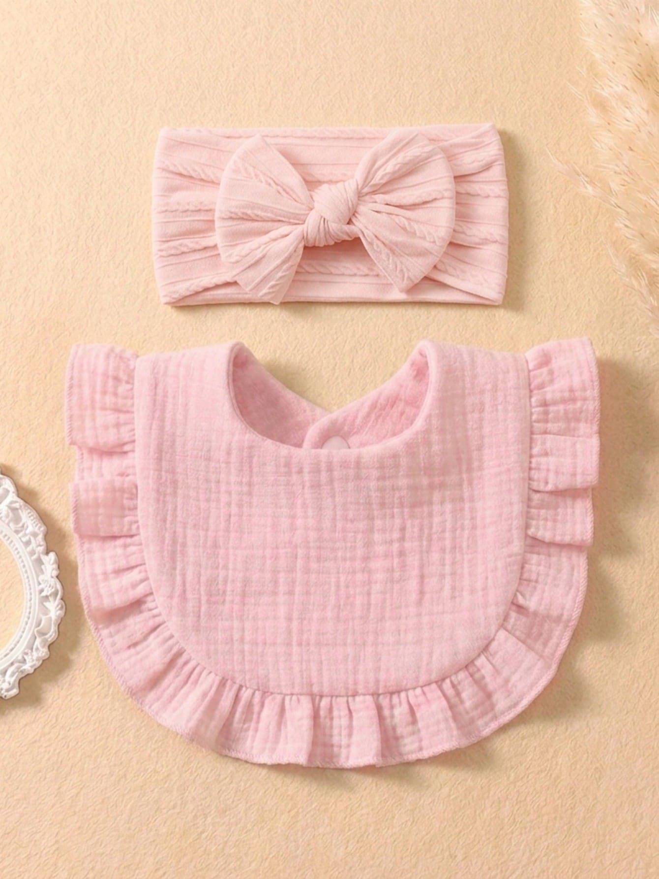 10pcs/Set Candy Color Baby Headbands & Bibs Combo, Braided Texture Big Bow Headwraps, Ruched Macaroon Color Drool Bibs, Suitable For Daily Use All Seasons