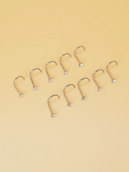 10pcs/set Random Rhinestone Decor Nose Stud 10pcs Nose Nails With Drill Multicolor Style Popular Piercing Jewelry Nose Decoration Nose Ring Nails Stainless Steel Popular Piercing Body Jewelry Gift For