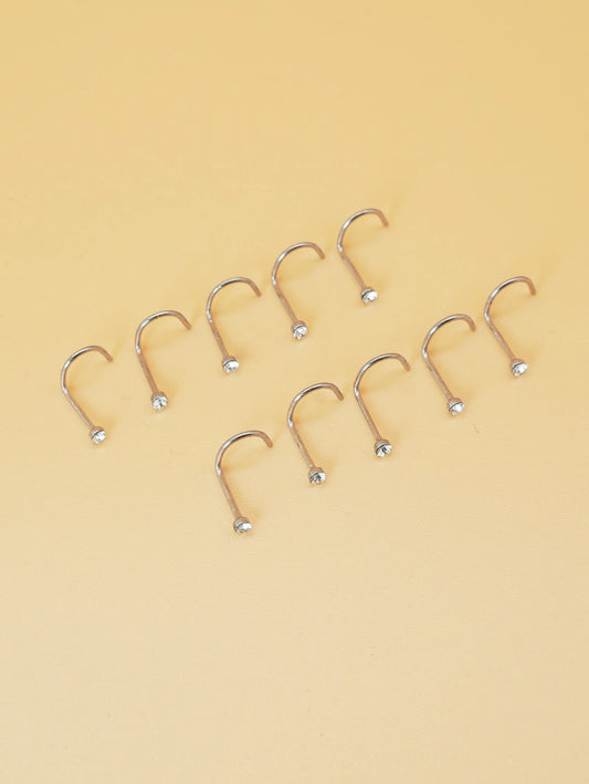 10pcs/set Random Rhinestone Decor Nose Stud 10pcs Nose Nails With Drill Multicolor Style Popular Piercing Jewelry Nose Decoration Nose Ring Nails Stainless Steel Popular Piercing Body Jewelry Gift For