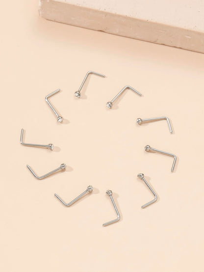 10pcs/set Random Rhinestone Decor Nose Stud 10pcs Nose Nails With Drill Multicolor Style Popular Piercing Jewelry Nose Decoration Nose Ring Nails Stainless Steel Popular Piercing Body Jewelry Gift For