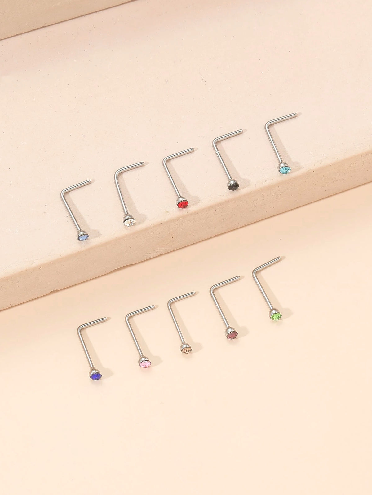 10pcs/set Random Rhinestone Decor Nose Stud 10pcs Nose Nails With Drill Multicolor Style Popular Piercing Jewelry Nose Decoration Nose Ring Nails Stainless Steel Popular Piercing Body Jewelry Gift For