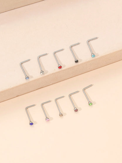 10pcs/set Random Rhinestone Decor Nose Stud 10pcs Nose Nails With Drill Multicolor Style Popular Piercing Jewelry Nose Decoration Nose Ring Nails Stainless Steel Popular Piercing Body Jewelry Gift For