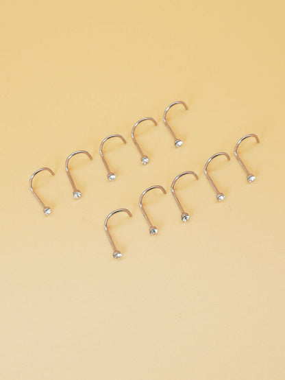10pcs/set Random Rhinestone Decor Nose Stud 10pcs Nose Nails With Drill Multicolor Style Popular Piercing Jewelry Nose Decoration Nose Ring Nails Stainless Steel Popular Piercing Body Jewelry Gift For