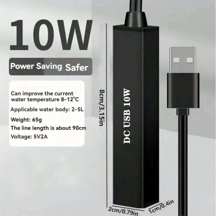 10W USB Powered Aquarium Heater, Compact & Portable, IPX8 Waterproof, Low Voltage (USB Compatible), Energy-Efficient, Suitable For Small Fish Tanks, Nano Terrariums, Terrestrial Tanks- No Battery Nee