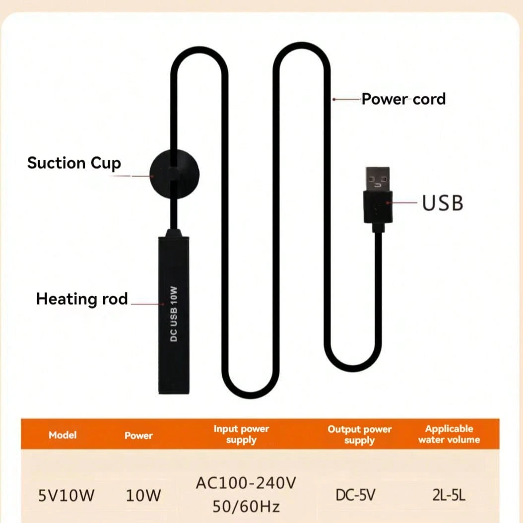 10W USB Powered Aquarium Heater, Compact & Portable, IPX8 Waterproof, Low Voltage (USB Compatible), Energy-Efficient, Suitable For Small Fish Tanks, Nano Terrariums, Terrestrial Tanks- No Battery Nee
