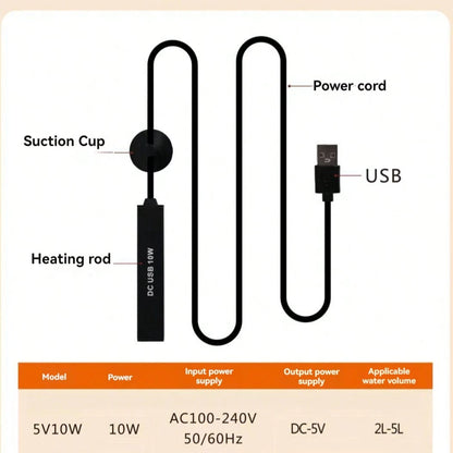 10W USB Powered Aquarium Heater, Compact & Portable, IPX8 Waterproof, Low Voltage (USB Compatible), Energy-Efficient, Suitable For Small Fish Tanks, Nano Terrariums, Terrestrial Tanks- No Battery Nee