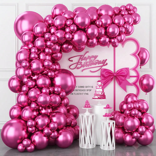 113pcs Peach Balloons In Assorted Sizes, Metallic Fuchsia Balloons, Shiny Fuchsia Balloon Garland Arch Kit Suitable For Boys, Girls, Kids, Ladies Birthday, Wedding Decoration