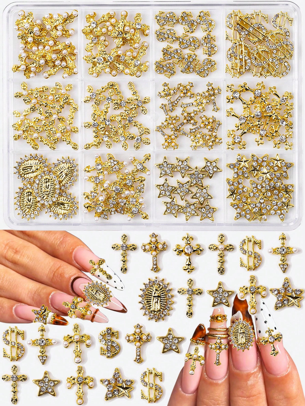 115pcs Charming Luxury Y2K Style Gold Alloy Pearl Rhinestone Cross Gemstone Five-Pointed Star Rhinestone Religious Portrait Nail Art Decoration Accessories Set Nail Charms