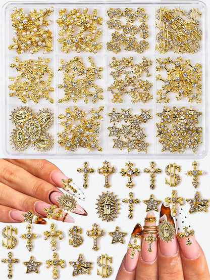 115pcs Charming Luxury Y2K Style Gold Alloy Pearl Rhinestone Cross Gemstone Five-Pointed Star Rhinestone Religious Portrait Nail Art Decoration Accessories Set Nail Charms