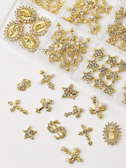 115pcs Charming Luxury Y2K Style Gold Alloy Pearl Rhinestone Cross Gemstone Five-Pointed Star Rhinestone Religious Portrait Nail Art Decoration Accessories Set Nail Charms