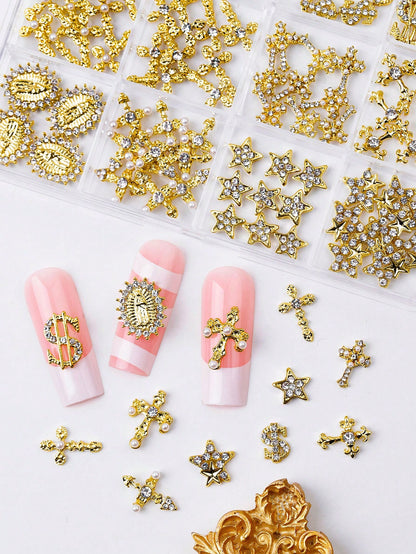 115pcs Charming Luxury Y2K Style Gold Alloy Pearl Rhinestone Cross Gemstone Five-Pointed Star Rhinestone Religious Portrait Nail Art Decoration Accessories Set Nail Charms