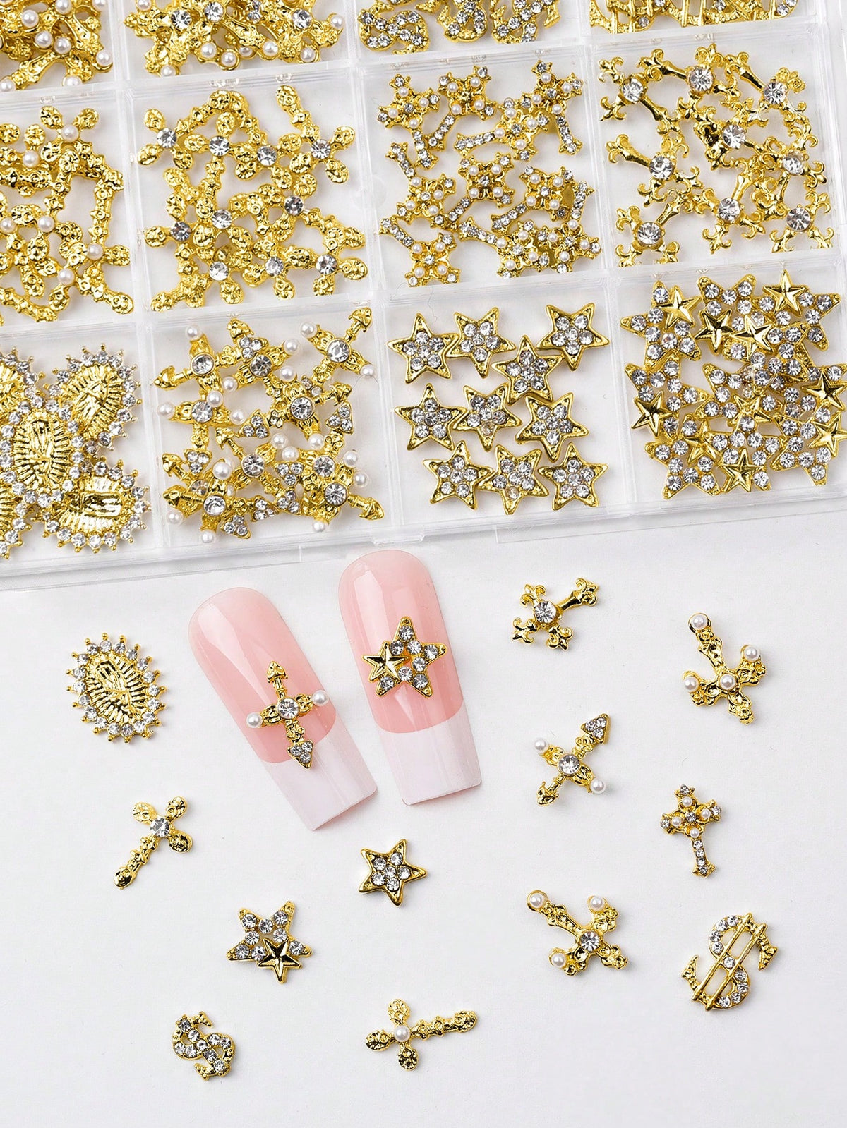 115pcs Charming Luxury Y2K Style Gold Alloy Pearl Rhinestone Cross Gemstone Five-Pointed Star Rhinestone Religious Portrait Nail Art Decoration Accessories Set Nail Charms