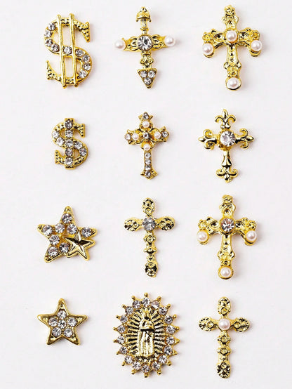 115pcs Charming Luxury Y2K Style Gold Alloy Pearl Rhinestone Cross Gemstone Five-Pointed Star Rhinestone Religious Portrait Nail Art Decoration Accessories Set Nail Charms