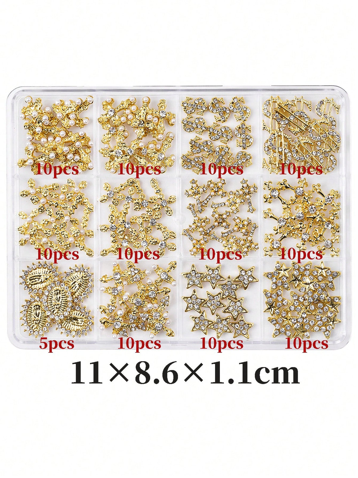 115pcs Charming Luxury Y2K Style Gold Alloy Pearl Rhinestone Cross Gemstone Five-Pointed Star Rhinestone Religious Portrait Nail Art Decoration Accessories Set Nail Charms