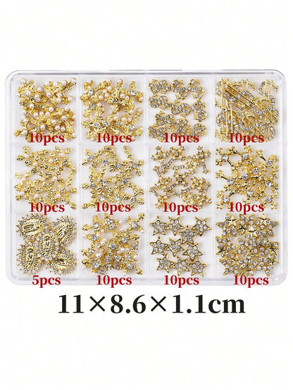 115pcs Charming Luxury Y2K Style Gold Alloy Pearl Rhinestone Cross Gemstone Five-Pointed Star Rhinestone Religious Portrait Nail Art Decoration Accessories Set Nail Charms